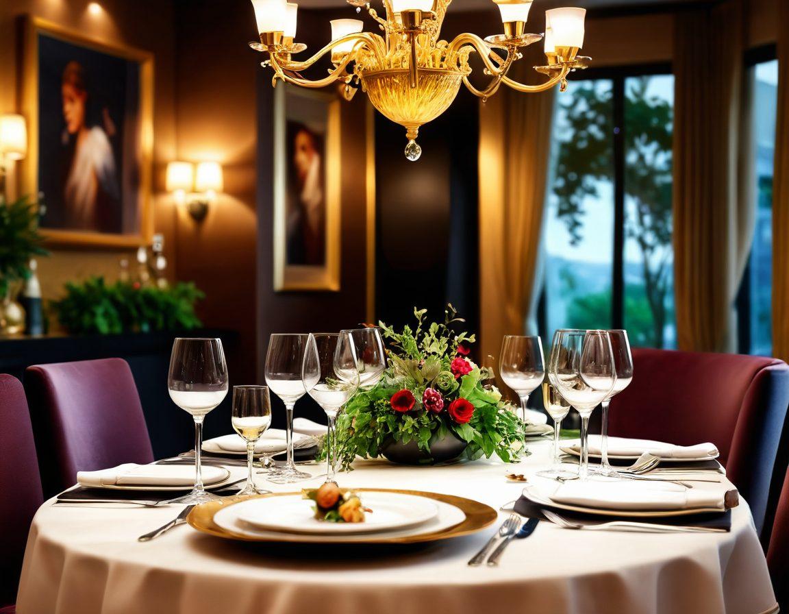 An elegant dining table set in a luxurious restaurant, adorned with gourmet dishes featuring vibrant colors and artistic presentations. Soft golden lighting illuminates the scene, enhancing the ambiance of sophistication and pleasure. Include delicate wine glasses and lush greenery in the background for a touch of freshness. The overall atmosphere should evoke unforgettable culinary experiences. super-realistic. vibrant colors. warm lighting.