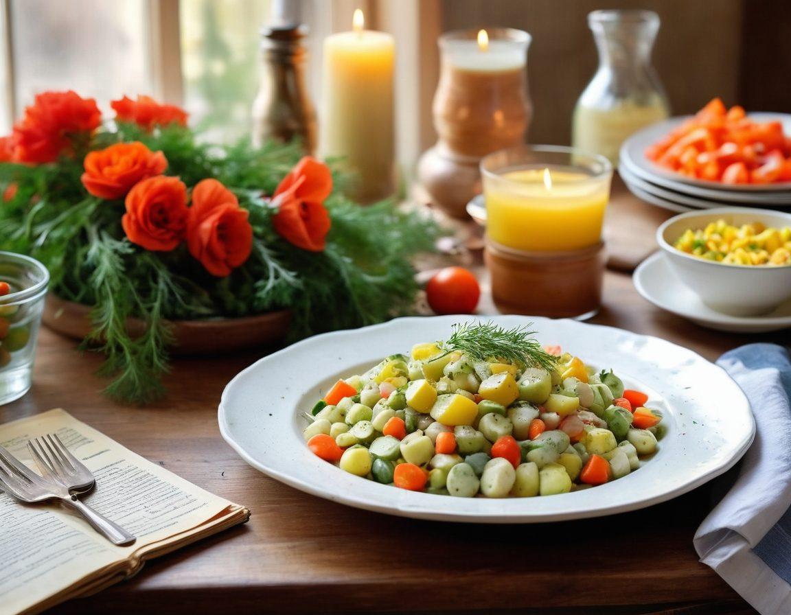 An inviting table set with traditional Olivier salad, beautifully plated. Surrounding the dish, colorful ingredients like diced vegetables, eggs, and herbs are artistically arranged. Soft candlelight warms the scene, evoking a sense of family gathering. In the background, vintage cookbooks and rustic utensils hint at culinary heritage. watercolor painting. warm colors. soft texture.